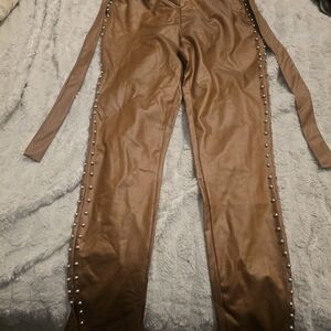 Brown Faux Leather Pants with Studded Sides